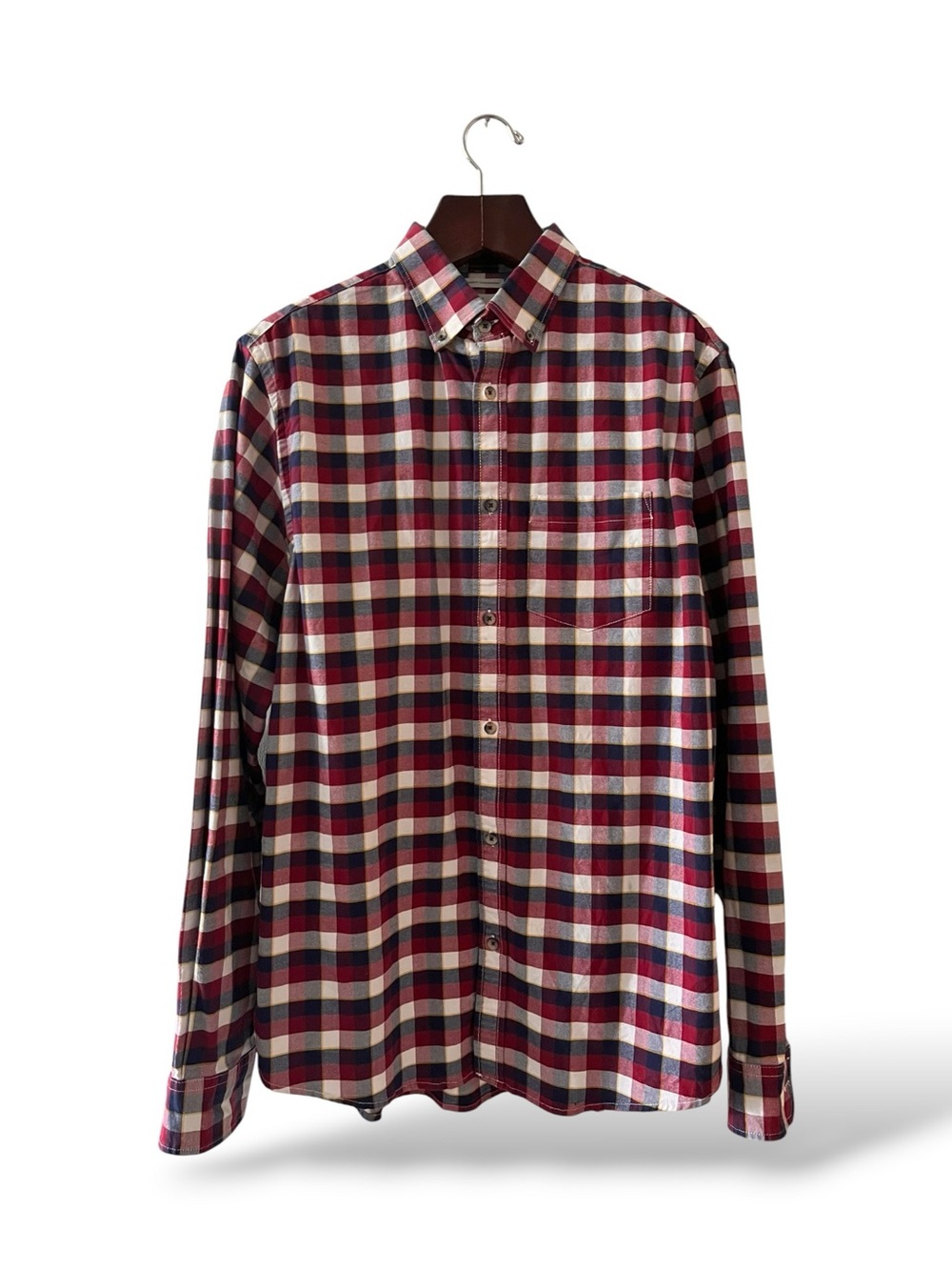 Old Navy Classic Red Navy & Yellow Plaid Button-Down Shirt, L Tall